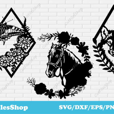 Animals with flowers dxf for laser cut, animals wall art, home decor dxf for plasma, Digital wall decor - Cut Files Shop