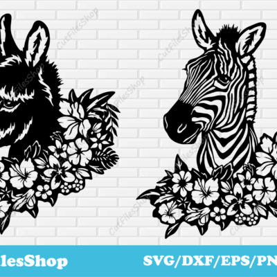 Animals with flowers svg cut files for cricut, Dxf for laser cutting, Zebra, Donkey vector images for shirts - Cut Files Shop