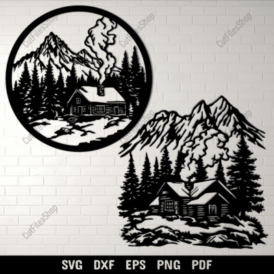 Preview of Mountain Cabin Scenes Dxf for Laser cut, Svg for Cricut & Vinyl cutting, CNC Designs, DIY Wall Metal decor