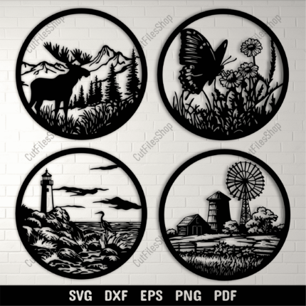 Circle Art DXF for CNC, Windmill Scene SVG for Cricut, and Lighthouse DXF