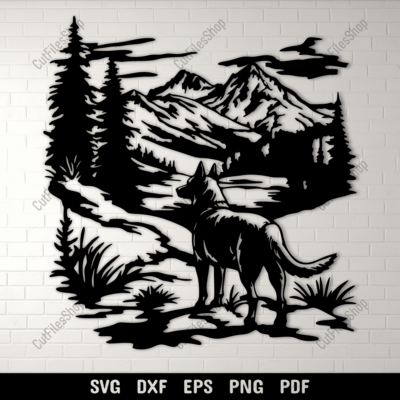 German Shepherd in the Mountains CNC Design, DXF for Laser & Plasma, SVG for Cricut