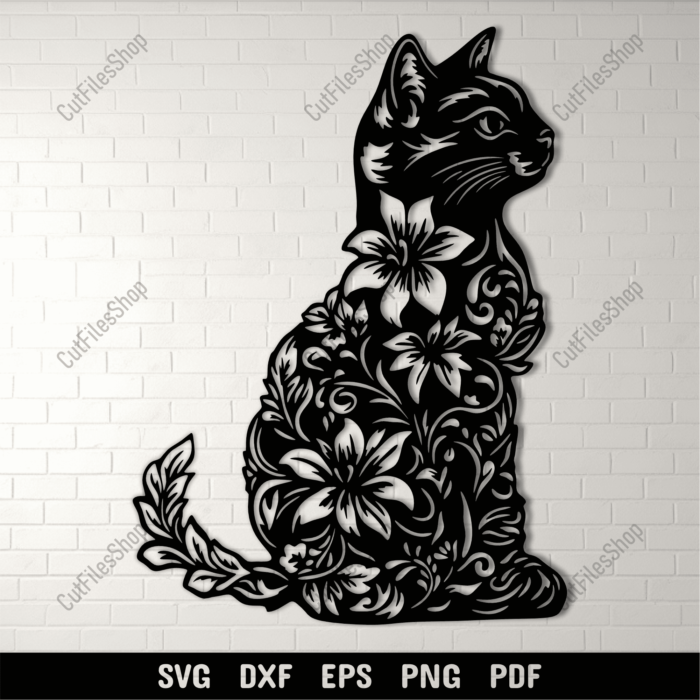 Floral Cat SVG for Cricut & CNC – DXF for Laser Cutting & Engraving