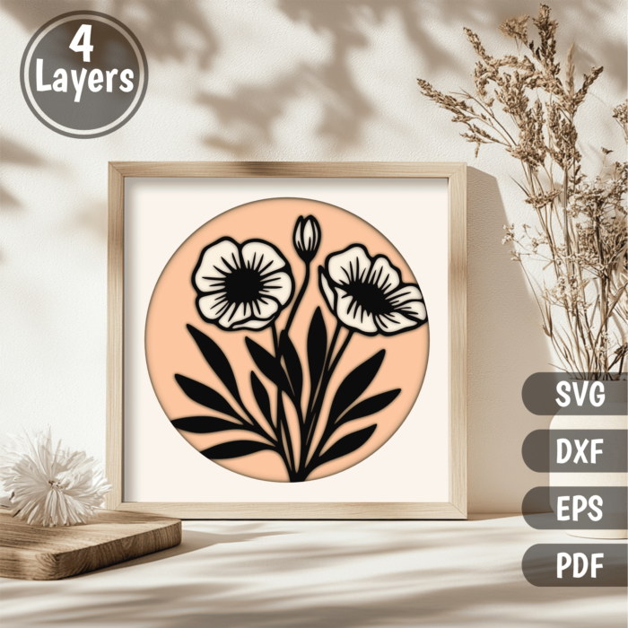 Flowers 3D Shadow Box, Multilayer Papercraft SVG for Cricut & CNC, DIY Decor