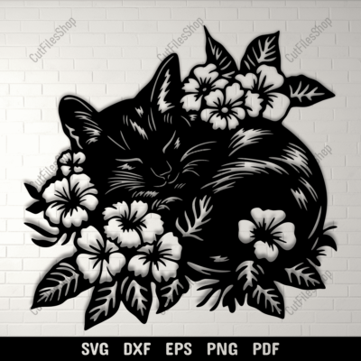 Sleeping Cat SVG for Cricut, CNC Design, Floral Cat DXF for Laser Cutting