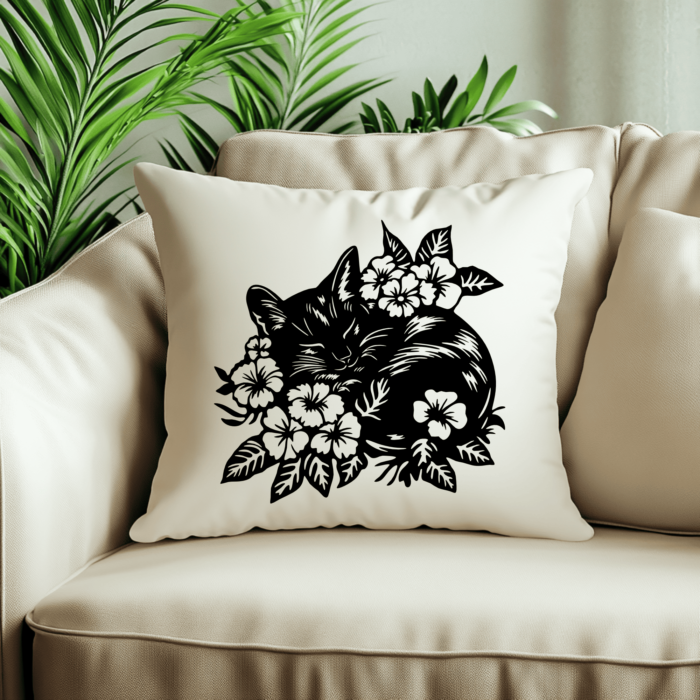 Sleeping Cat SVG & DXF, Floral CNC Design, DIY Pillow & Craft Files